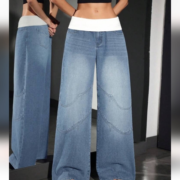 Jeanoix Fold Over Wide-Leg Jeans Size 2 - Picture 2 of 4